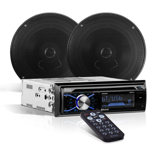 boss audio 656bck cd receiver and 2 6.5" speakers Paquete estéreo automotriz negro con receptor DIN simple frontal: pantalla LCD azul, perilla plateada, ranura para CD, puerto USB y conectividad Bluetooth; incluye control remoto negro y par de bocinas redondas de 6.5" con rejilla metálica, arnés y herrajes. También suele usarse para sonido auxiliar en proyectos de audio DIY.