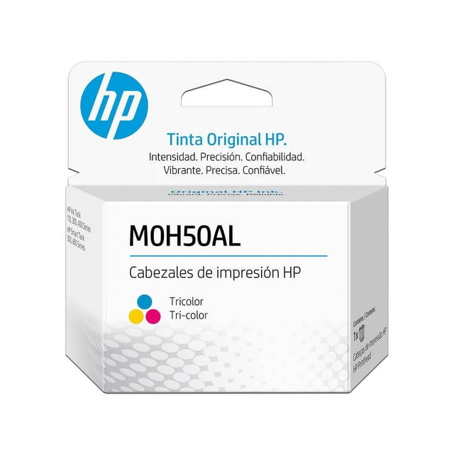cabezal de impresión hp gt tricolor, modelo: m0h50al HP M0H50AL empaque frontal con caja blanca y logotipo HP azul; texto "Cabezales de impresión HP" visible y icono de gotas tricolor (cian, magenta, amarillo) que señala el color tricolor. Su tamaño compacto lo hace adecuado para reemplazo de cabezales en impresoras compatibles.