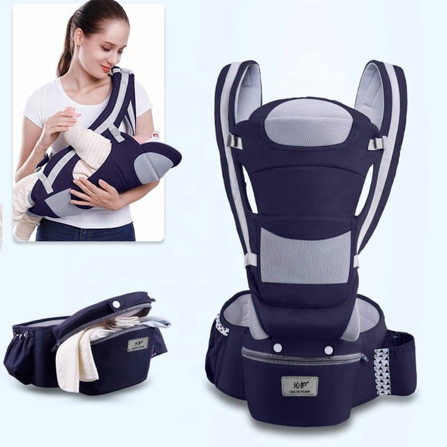 cangurera ergonómica 15 posiciones 100% algodón para bebé azul marino Ecobaby Original, vista frontal centrada del portabebés azul marino con paneles de malla gris, arneses acolchados y cinturón ancho con bolsillo integrado; inserto muestra uso en modo cuna para arrullar al bebé; suele usarse para actividades suaves en casa dejando las manos libres.