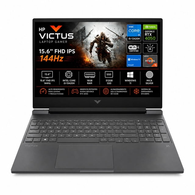 laptop hp victus 15-fa2082wm intel core i5 13ª generación 16gb ram 512gb ssd negro — Vista frontal, abierta y centrada de la HP Victus 15; pantalla de 15.6" FHD con indicador 144Hz y adhesivos visibles de Intel Core i5-13420H y NVIDIA GeForce RTX 4050 en la esquina superior derecha; chasis y teclado en gris oscuro, trackpad centrado y teclado con teclado numérico; apta para gaming y multitarea, y a menudo usada como estación portátil para edición y consumo multimedia.