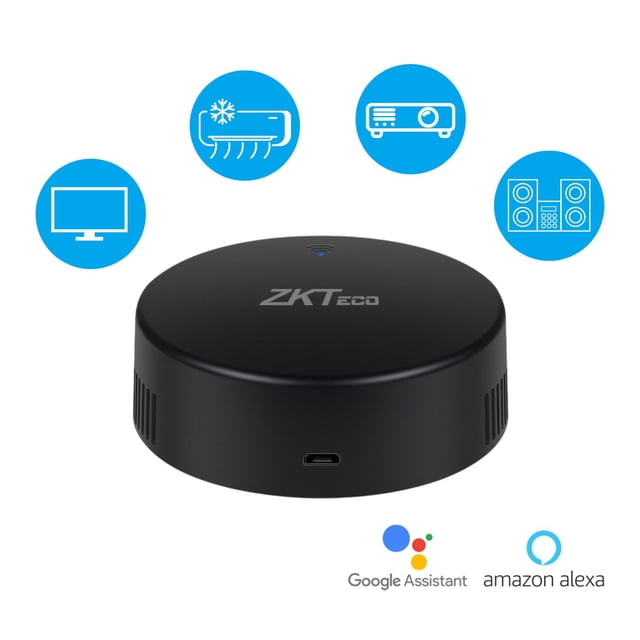 control remoto inteligente,ir (infrarrojo), compatible con alexa y google home zkteco Disco negro compacto con logo ZKTeco y LED frontal, puerto USB‑C visible, vista centrada; indica control por Wi‑Fi y configuración BLE para manejar TV, aire acondicionado, proyector y equipo de audio desde la app móvil y mediante comandos de voz con asistentes compatibles.