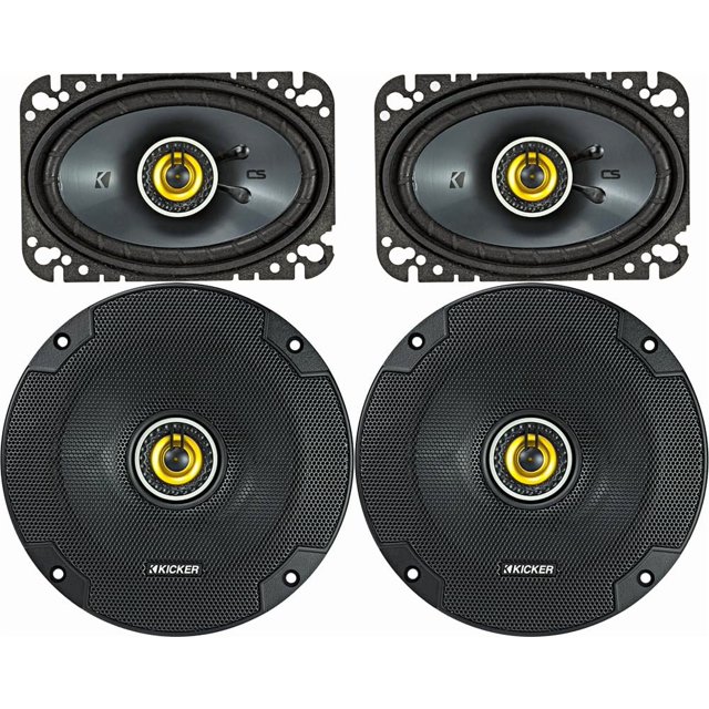 altavoz kicker 46csc654 de 6,5 pulgadas y 2 vías con 2 vías de 4 x 6 pulgadas Paquete de 2: vista frontal que muestra dos bocinas ovaladas 4x6 pulgadas arriba y dos bocinas redondas de 6½" de la serie CS abajo; conos con aro amarillo alrededor del tweeter central, rejillas de malla de acero negras colocadas frente a los altavoces y marcos con orificios de montaje visibles. Adecuado para actualizaciones de audio para autos de fábrica.