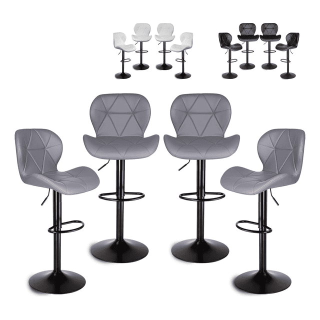 set de 4 bancos de cocina barra silla taburete respaldo alto Gris SELECTSHOP, cuatro bancos frontales giratorios 360º con tapizado en vinil y capitonado triangular, respaldo medio, palanca hidráulica para ajuste de altura, base circular cromada con descansapiés tubular y base antiderrapante; también suelen usarse como bancos altos para barras domésticas.