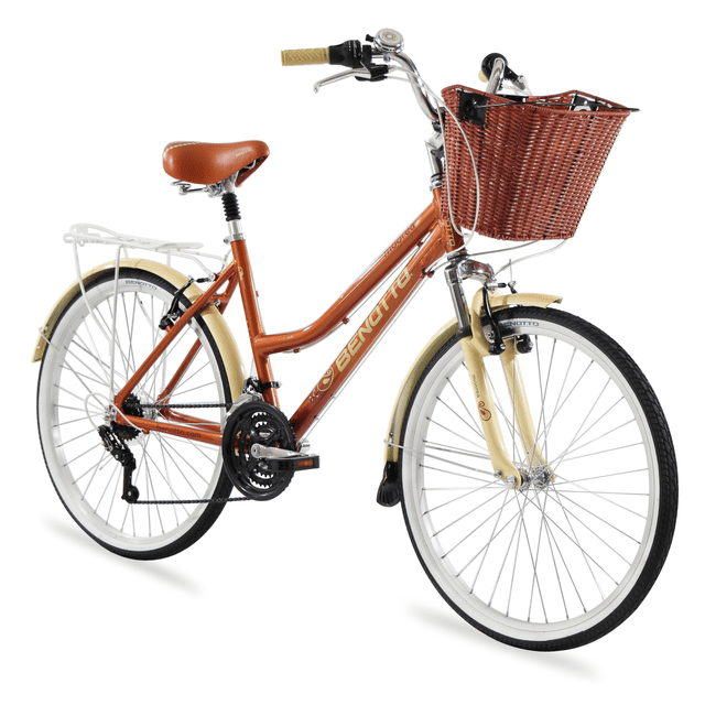bicicleta benotto city moorea r24 21v aluminio terracota Bicicleta urbana Benotto Moorea R24 rodada 24, cuadro aluminio alta densidad color tabaco, 21 velocidades Sunrace, suspensión delantera tijera de acero, frenos V delantero y trasero, rines de aluminio, asiento ergonómico y canasta frontal; adecuada también para paseos recreativos en ciudad.