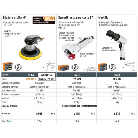 Lijadora orbital neumática industrial 6', Truper