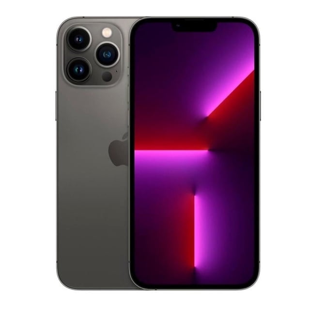 iphone 13 pro apple 128gb gris reacondicionado en vista frontal y posterior, pantalla OLED de 6.1" activa, A15 Bionic con tasa de refresco hasta 120Hz, carcasa gris mate, cámara trasera cuádruple (tres lentes de 12MP y sensor LiDAR) con flash y logo Apple visible.