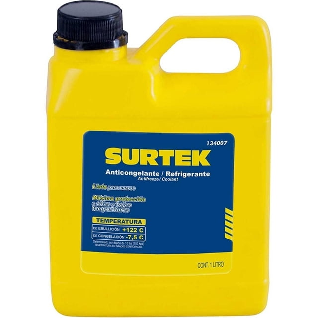 anticongelante refrigerante de 1 litro 134007 surtek Botella amarilla frontal con etiqueta azul y logo SURTEK, tapa roscada negra y asa integrada; listo para usarse, punto de congelación −7.5°C y ebullición +122°C, contenido 1000 ml.