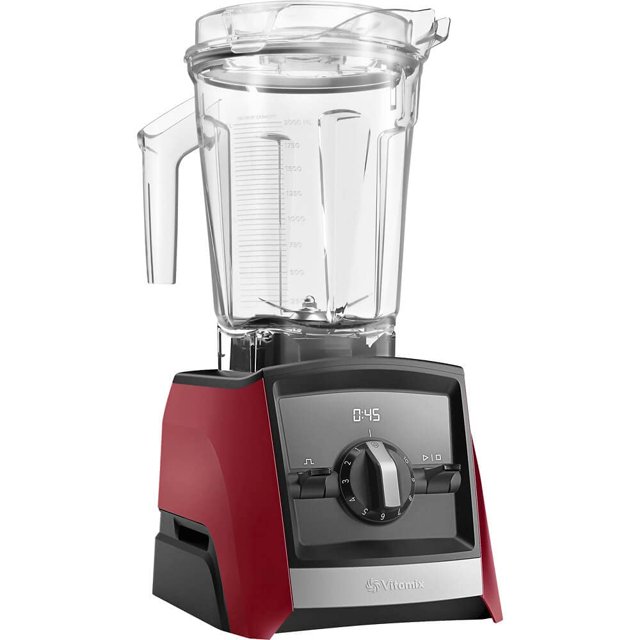 licuadora vitamix a2300 serie ascent smart 1.9l roja vista frontal centrada con base roja y panel digital, perilla de velocidad variable y botón de pulso visibles; recipiente transparente de perfil bajo de 64 onzas (1.9 L) con tapa y asa; temporizador digital en pantalla. A menudo usada también para preparar salsas y masas pequeñas.