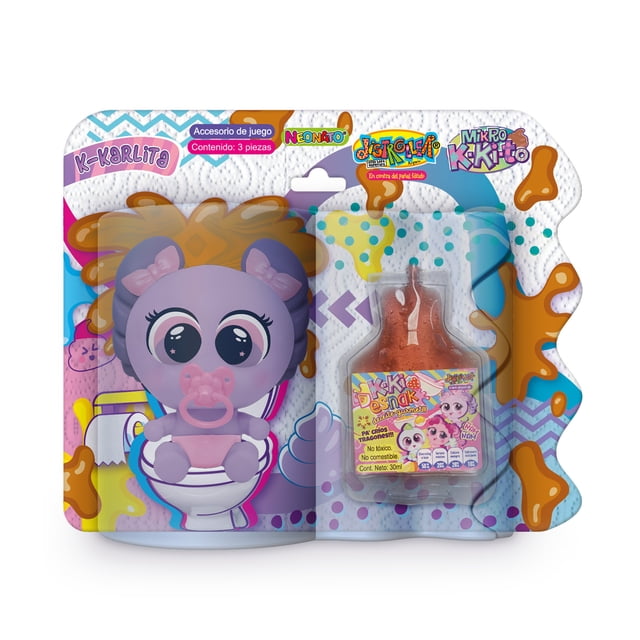 mikro kkito lila Distroller muñeco interactivo — empaque frontal con muñeco lila sentado en un inodoro y frasco plástico con líquido marrón que simula popó; fondo colorido con salpicaduras y texto en español, vista 3/4; según el empaque, al presionar su pancita libera popó.