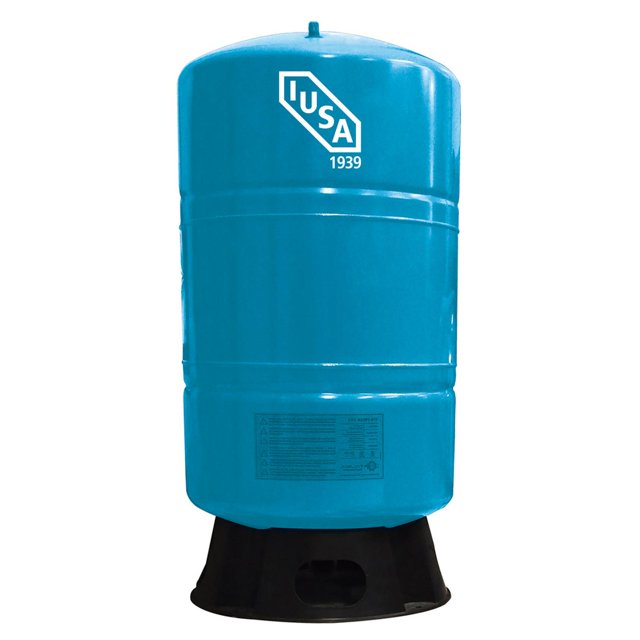 tanque presurizado vertical de 14 galones IUSA, vista frontal centrada del cilindro azul con base negra y logotipo blanco; especificado para sistemas de presión constante e hidroneumáticos, precarga de nitrógeno y presión máxima de trabajo hasta 150 psi, cubierta interna de polipropileno grado FDA según especificaciones; adecuado para instalaciones domésticas de plomería.