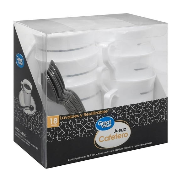 Juego cafetero reutilizable Great Value Tazas, Platos y Cucharas 18 piezas