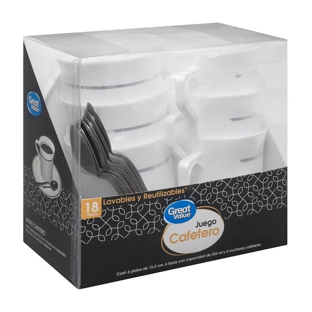 Juego cafetero reutilizable Great Value Tazas, Platos y Cucharas 18 piezas