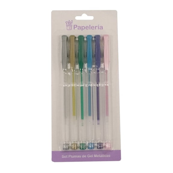 Set de Plumas Prichos de Gel Metálicas con Tapa Multicolor 6 Piezas