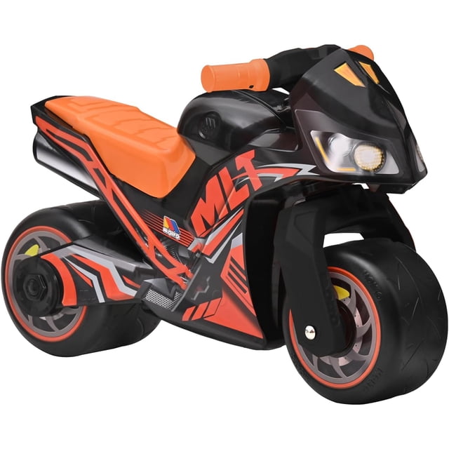 montable moto cross prinsel naranja montable infantil estilo moto cross, vista 3/4 frontal; asiento y empuñaduras naranjas, carenado negro con vinilos deportivos MLT y faro simulado, chasis de plástico de alta resistencia y ruedas anchas; medidas 71 cm largo x 45 cm alto x 31.5 cm ancho, recomendado 2 a 4 años; suele usarse para juego en interiores o patios pequeños.