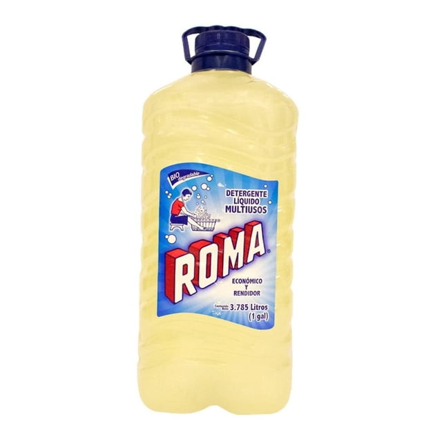 detergente líquido roma multiusos 3.785 l bote frontal con etiqueta azul y marca ROMA en letras grandes, envase plástico con tapa y asa azules, contiene 3.785 litros (1 gal), formulado para lavado de ropa y eliminar manchas; también suele utilizarse como limpiador multiusos doméstico.
