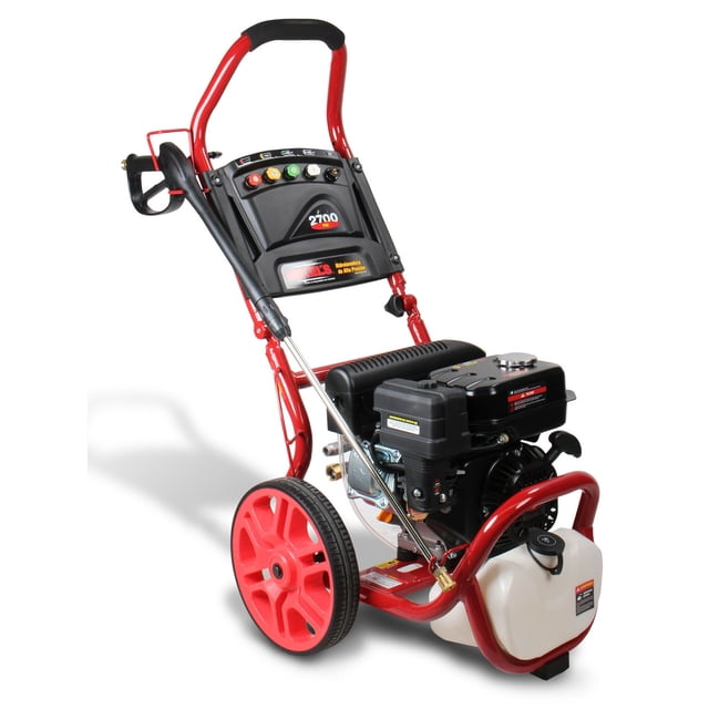 hidrolavadora mikels de alta presión motor 4 tiempos 6.5 hp color negro Hidrolavadora para limpieza automotriz sobre chasis con ruedas rojas y manija plegable; motor 4 tiempos 6.5 hp visible, tanque de espuma blanco en la base, panel frontal con botones, gatillo portamanguera y conexiones laterales; caudal 11 l/min, apagado automático y depósito de espuma incluidos; también suele usarse para limpieza de terrazas y herramientas pequeñas.