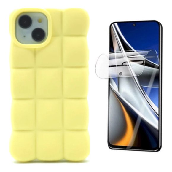 Funda + Mica Hidrogel Icon Case Bombon para IPHONE 15, Carcasa, Protector, Uso Rudo, Protector de Pantalla, Antigolpes, Esquinas Reforzadas, Protección de Cámara - Amarillo