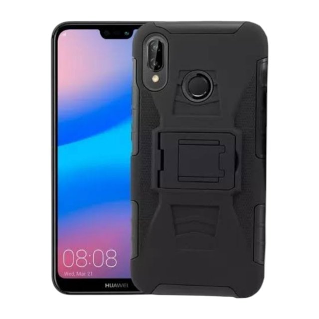 funda uso rudo clip 360 para huawei mate p20 lite más 2 micas de cristal Negra Cely Vesmir, vista posterior centrada con parte posterior de acrílico duro y parachoques TPU flexible, clip/soporte plegable en el centro, recortes para cámara dual y lector de huellas; frontal muestra el celular con pantalla encendida, suficientemente delgada para deslizar en bolsillo.
