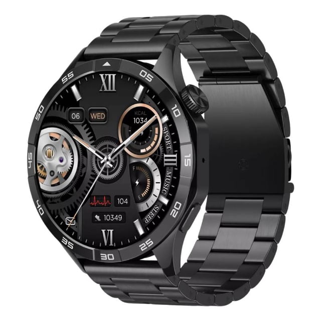 reloj inteligente g-tide power negro acero inoxidable hombre reloj redondo de acero inoxidable negro con pantalla AMOLED 1.43 pulgadas que muestra esfera híbrida analógica-digital, bisel numerado y corona lateral, correa metálica eslabonada; indicadores visibles de frecuencia cardiaca, pasos y calorías, compatible con iPhone y Android y certificado IP68. También suele utilizarse como reloj diario elegante para viajes.