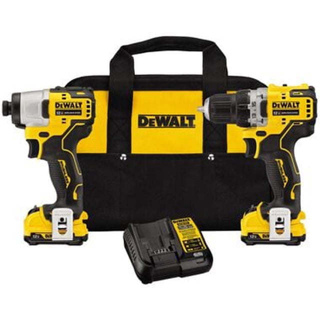 taladro/atornillador dewalt de impacto max xr de 12 v com dos atornilladores inalámbricos DEWALT DCF801B amarillos y negros con portapuntas hexagonal 1/4" (6.35 mm), baterías 12V MAX en la base, cargador rápido y maletín textil negro y amarillo con logo, vista frontal sobre fondo blanco; adecuado también para trabajos de ensamblaje y accesos en espacios reducidos.