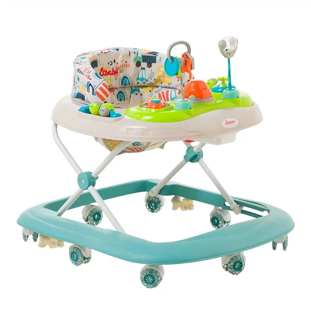 andadera d bebe metropoli altura ajustable reforzado azul para 6 a 18 meses. Asiento reforzado con tela estampada y fácil limpieza; tablero electrónico interactivo con sonajas multisensoriales; 3 niveles de altura ajustables; base turquesa con 8 llantas de gel ultra-silenciosas y freno de seguridad integrado. Plegado compacto 32 cm; dimensiones 58 x 65 cm.
