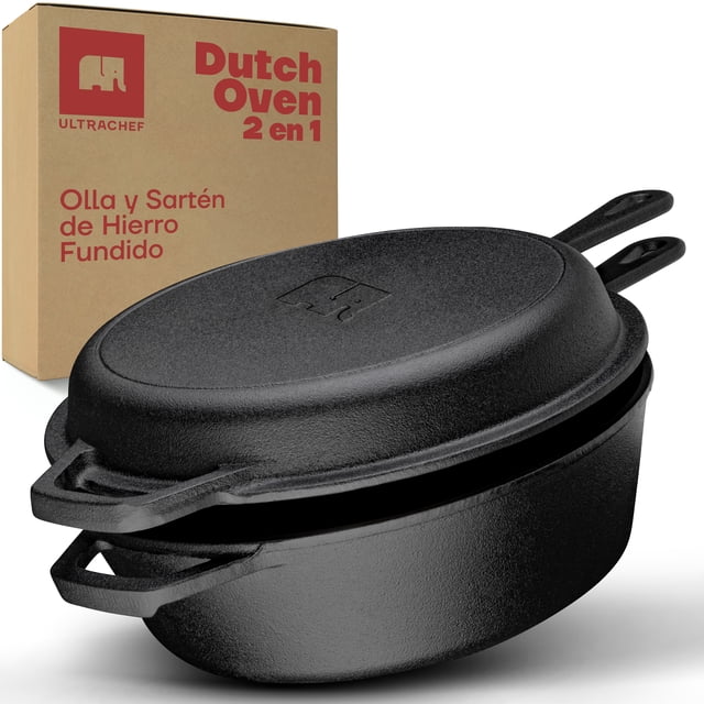 olla de hierro fundido 2 en 1 ultrachef horno holandés y sartén tamaño 26 cm capacidad 2.8 litros — Vista 3/4 frontal de la olla negra de hierro fundido con textura granulada; la tapa actúa como sartén con mango largo y la olla muestra asas laterales integradas; caja Ultrachef detrás. Adecuada para estufas, parrillas, fogatas y horno; a menudo usada como sartén profundo para asar.