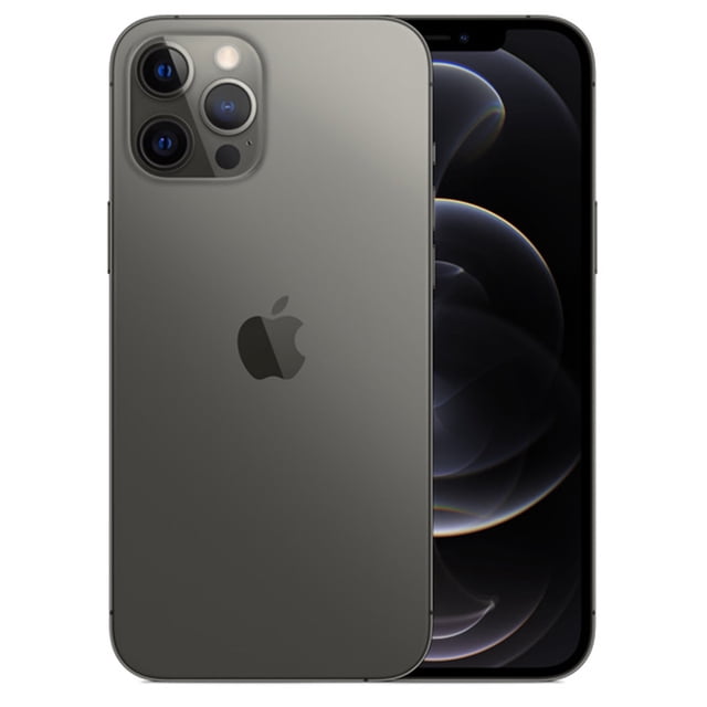 iphone 12 pro max 256gb gris espacial reacondicionado Vista frontal y trasera en 3/4; smartphone Apple Gris Espacial con marco de acero inoxidable y parte posterior de vidrio mate texturizado, módulo de triple cámara con lentes grandes y sensor LiDAR visible y pantalla OLED sin marcos encendida con fondo oscuro; a menudo usado también como dispositivo para edición y almacenamiento de multimedia.