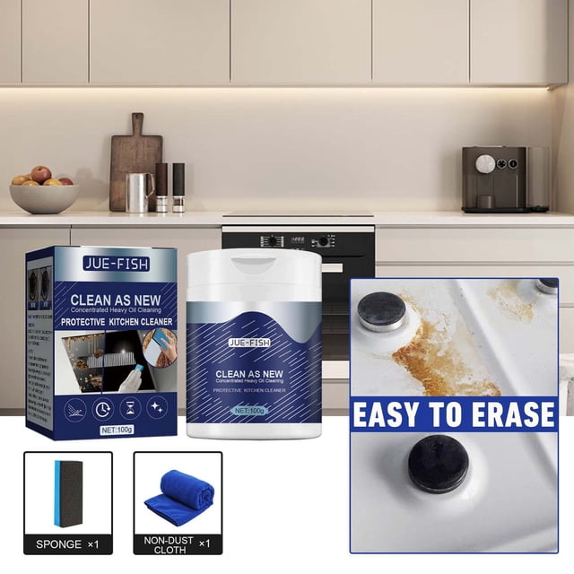 pstuiky polvo limpiador protector para cocinas multicolor — envase de 100 g y caja en primer plano con esponja y paño incluidos; vista centrada del producto con etiqueta blanca y azul; recuadro muestra hornilla con manchas de aceite parcialmente removidas; cocina moderna de fondo. Suele usarse también para ollas y azulejos.