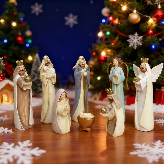 Juego de 8 adornos para pesebre | Adornos religiosos para pesebre navideño | Figuras de resina para pesebre | Adornos del nacimiento de Jesús