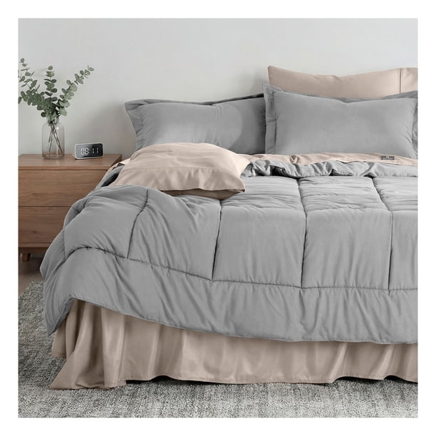 Set Edredón King Size + Funda De Almohada + Sábanas 7 Pzas Real Textil Gris - Beige
