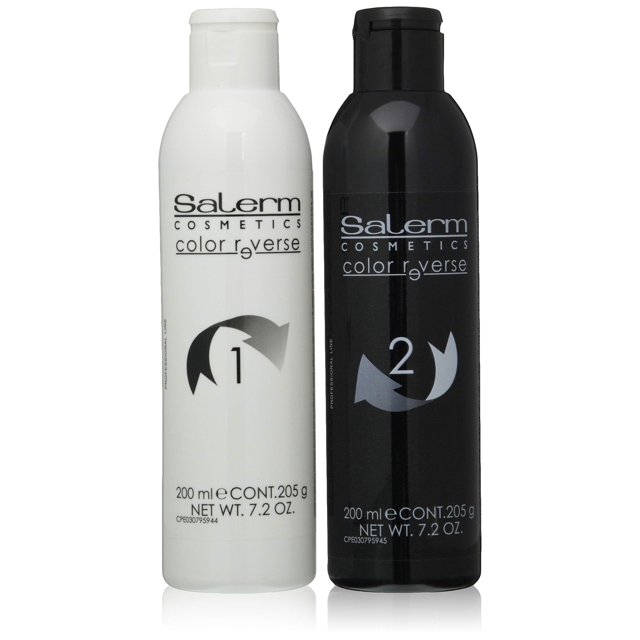 tratamiento de eliminación de pigmentos artificiales salerm paquete de 2 unisex para adultos, dos botellas frontales de 200 ml numeradas 1 (blanca) y 2 (negra) con logotipo Salerm Cosmetics y texto color reverse, flechas gráficas y leyenda de contenido; también adecuada para tareas de decapado o neutralización de color en salón.