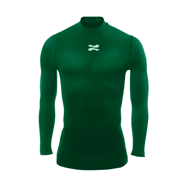 playera deportiva manga larga unisex licra de compresion comoda y fresca verde M ZAPARI licra deportiva frontal centrada con ajuste elástico de compresión, cuello redondo alto, manga larga ceñida y logo blanco en el pecho; tela lisa verde visible y, según especificaciones, diseñada con secado rápido y ventilación; adecuada como capa base para ciclismo o running.