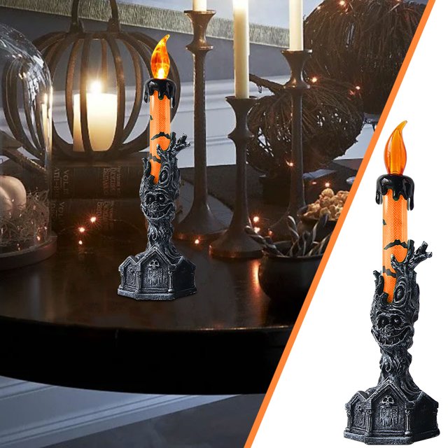 xihbxyly lámpara de mano de esqueleto de halloween portavelas led color anaranjado, vista frontal centrada de mano esquelética sosteniendo vela LED naranja con efecto de cera negra goteando y llama simulada, base con relieves tipo lápida texturizada; ambientada sobre mesa con otras velas y decoración festiva, ideal como adorno de mesa para fiestas de Halloween y a menudo usada para montar centros de mesa temáticos.