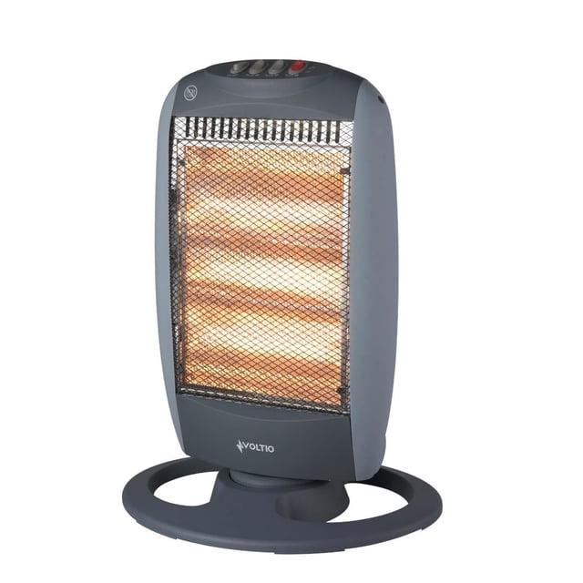 calefactor calentador halogeno eléctrico de cuarzo voltio 3 niveles gris 1 vista frontal centrada del calefactor gris con base circular; cuerpo vertical con malla protectora que muestra tres barras halógenas iluminadas, panel de controles en la parte superior y logo Voltio en la base; medidas con base 37x12x48 cm, peso 2 kg, voltaje 127 V/60 Hz y potencias 400/800/1200W; a menudo se usa como calefactor auxiliar para habitaciones pequeñas.