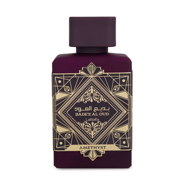 lattafa bade'e al oud amethyst 100ml edp spray lattafa Frasco rectangular unisex color amatista con etiqueta dorada geométrica frontal que muestra Bade'e Al Oud y Amethyst; 100 ml, familia olfativa ámbar vainilla, notas de salida pimienta rosa y bergamota, corazón de rosa turca, rosa de Bulgaria y jazmín, fondo de oud, ámbar y vainilla; vista frontal con tapa cuadrada a juego. A menudo usado como regalo para ocasiones románticas.
