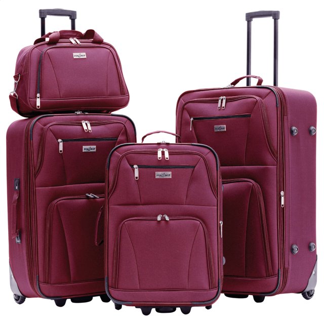 set de 3 maletas y neceser fly & trip medellín rojo expandible con candado de seguridad y asa ajustable, conjunto de cuatro piezas en poliéster 600D; vista 3/4 frontal con maletas de 20" (35 x 20 x 51 cm), 24" (43 x 26 x 61 cm) y 28" (49 x 26 x 71 cm) y neceser a juego; asas telescópicas con 3 posiciones, bolsillos frontales con cremalleras y tiradores metálicos, candado integrado visible y ruedas giratorias; el neceser suele usarse para organizar artículos de tocador en escapadas.