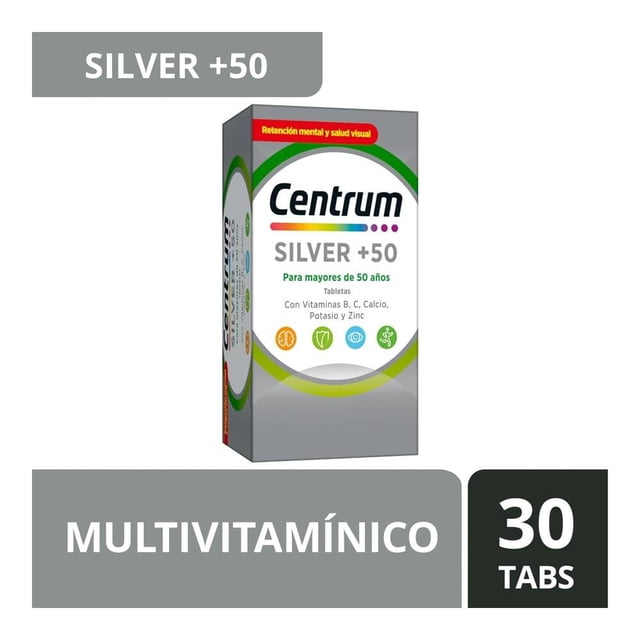 multivitamínico centrum silver +50 30 tabletas caja 3/4 frontal; envase gris con logo Centrum y arco multicolor, texto "SILVER +50" y "Para mayores de 50 años", indica vitaminas B y C, calcio, potasio y zinc y sello de 30 tabletas; lea etiqueta trasera y consulte a su médico.