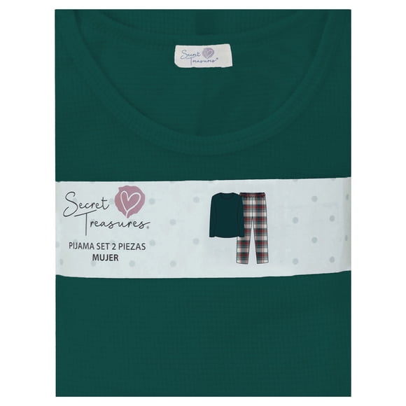 Pijama Secret Treasures para Dama Set Playera Manga Larga con Pantalón Estampado Cuadros Verde Talla EG 2 Piezas.