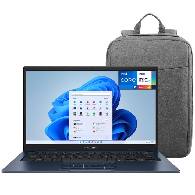 laptop asus vivobook 14 intel core i7 1355u 16gb ram 512gb ssd 14" windows 11 home teclado en ingles + mochila Vista frontal de la ASUS Vivobook 14 en azul, pantalla 14" Full HD antirreflejos con Windows 11 Home visible, teclado chiclet con distribución en inglés y touchpad; mochila gris para transporte al fondo. Adecuada para estudiantes y profesionales en movilidad y uso diario.