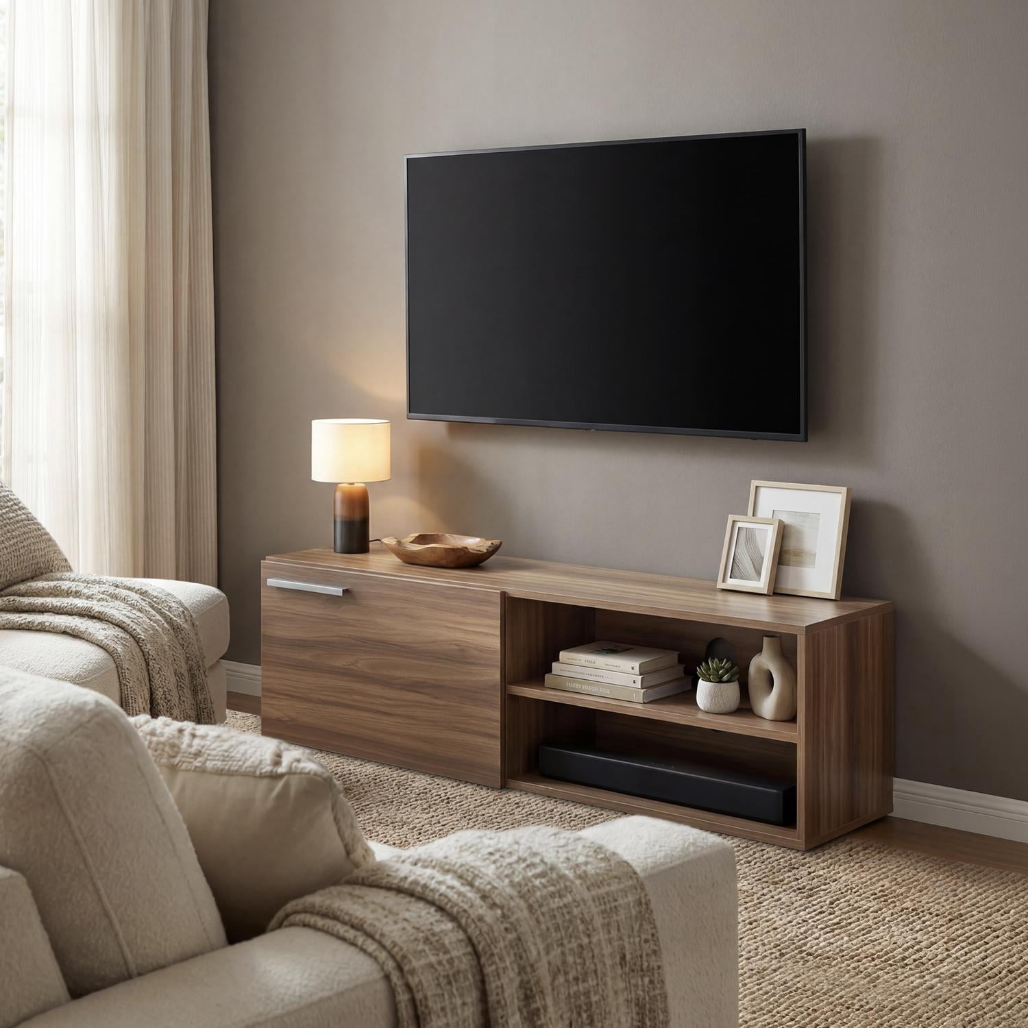 Mueble para TV 55” Color Madera Estilo Escandinavo, Consola Moderna Sala o Recámara Hogar cafe