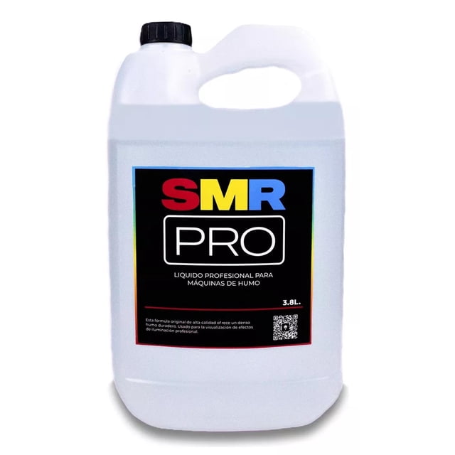 liquido para humo niebla smr pro fragancia neutro galon 3.8 l galón 3.8 L contenedor blanco frontal con asa superior y tapón negro, etiqueta frontal negra con logo SMR PRO y texto 'liquido profesional para máquinas de humo' y marca 3.8 L; efecto de niebla densa y olor neutro según especificaciones, adecuado para máquinas de humo en eventos y también usado para pruebas de iluminación en sesiones fotográficas.