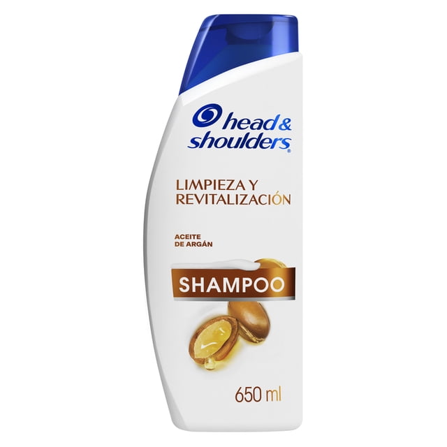 shampoo control caspa head & shoulders limpieza y revitalización 650 ml botella blanca con tapa azul en vista frontal; etiqueta muestra "Limpieza y Revitalización" y "Aceite de Argán", imagen de semillas de argán y volumen 650 ml, indicado para uso diario en cabello normal a seco con cuero cabelludo graso; también suele utilizarse para rutinas de cuidado capilar en viajes.