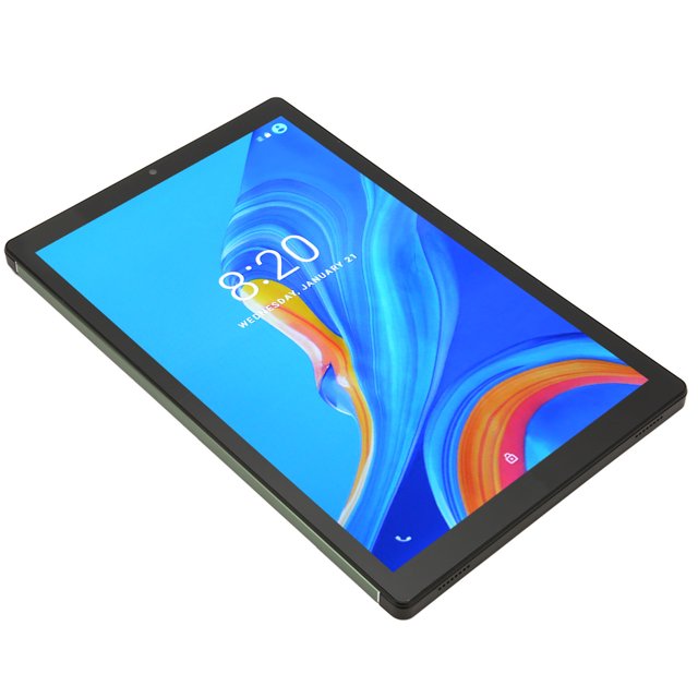 tablet pc de 10,1 pulgadas 5g wifi 6gb 128gb, cpu de 10 núcleos, pantalla ips, frontal 2mp trasera 5mp,12.0, protección ocular, relación de aspecto 16:9 Vista en diagonal 3/4 de la tablet Anggrek color verde con pantalla IPS 10,1" (1960x1080) encendida; marco metálico delgado, cámara frontal 2MP en el bisel superior, cámara trasera 5MP en el panel posterior, puerto USB-C y conector de 3.5 mm en los laterales y altavoces dobles. También adecuada para multimedia y navegación GPS, con batería de 8800mAh.
