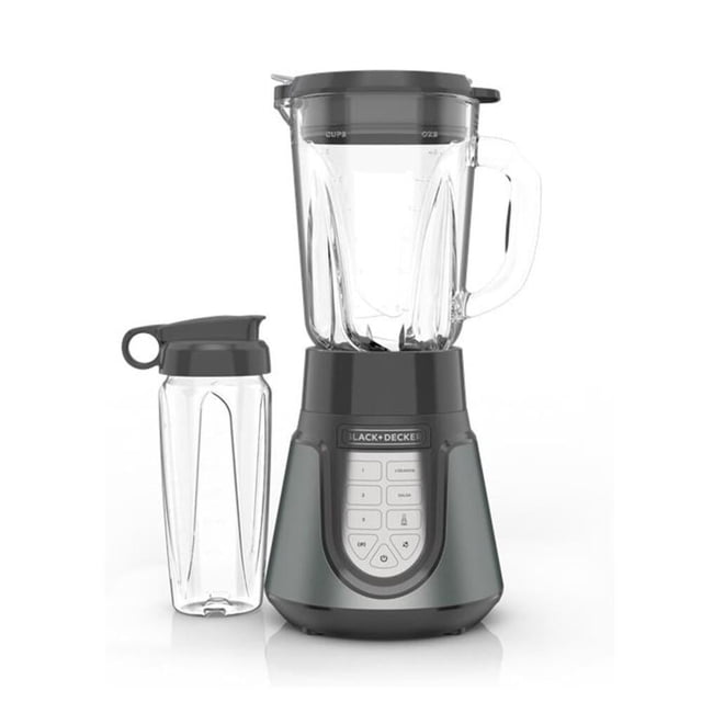 licuadora black+decker para batidos acero inoxidable 1.5 l 3 funciones preprogramadas vista frontal centrada de base cónica con acabado gris oscuro y panel táctil con botones para 3 programas automáticos, 4 velocidades y pulso. incluye jarra de vidrio transparente de 1.5 L con asa y tapa y vaso personal de 700 ml con tapa para llevar; también suele usarse para preparar salsas y aderezos.