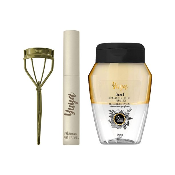 Set de Pestañas YUYA Negro con Enchinador y Máscara "10 Aceites Naturales" plus Desmaquillante Bifás