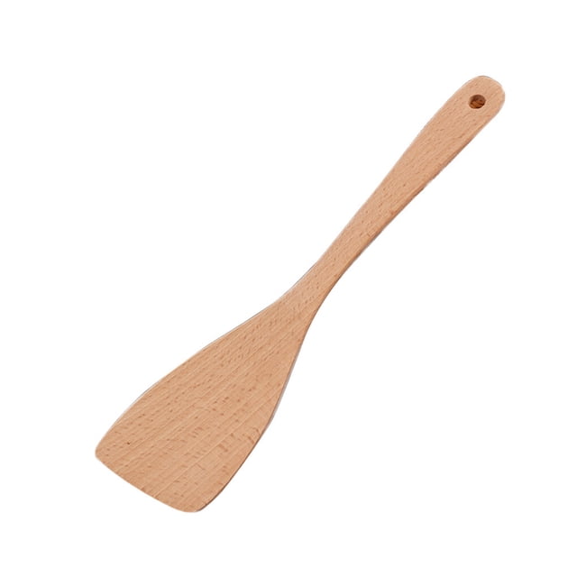 billuyoard espátula antiadherente para ollas, espátula de madera type3 vista frontal 3/4 de una espátula de mango largo con pala ancha y borde curvado; madera lisa con vetas visibles y orificio para colgar en el extremo del mango; fondo blanco. Adecuada también como cuchara plana para mezclar arroz frito.