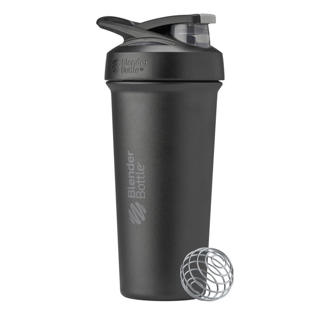 blenderbottle strada sleek shaker cup para botellas de agua, 750 ml, color negro — Vaso mezclador aislado de acero inoxidable de doble pared, vista frontal centrada; cuerpo cónico mate negro con logotipo BlenderBottle vertical, tapa con boquilla abatible y seguro visible, batidor de alambre de acero inoxidable junto al vaso; fácil de agarrar y suele usarse para preparar batidos y bebidas de entrenamiento.
