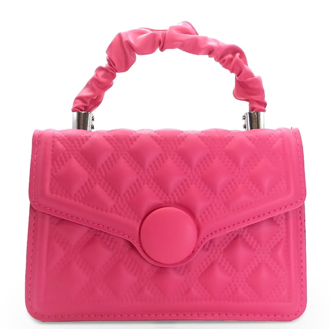bolso bandolera shendy vendy de un hombro con broche fucsia, vista frontal centrada de bolso pequeño con patrón a cuadros acolchado y broche circular frontal; asa superior fruncida con detalle de cadena metálica, textura de PU suave y costuras visibles; especificado con compartimentos organizados para teléfono y cartera según ficha, y a menudo usado como regalo para viajeros y amantes de la moda callejera.