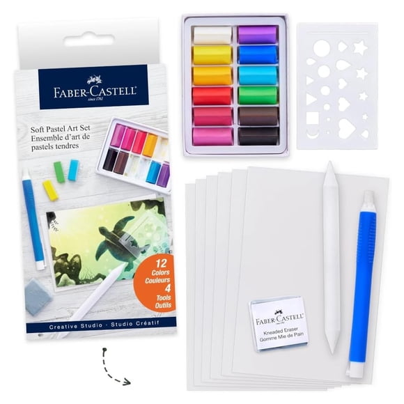 Faber-Castell Set Pasteles Blandos 12 pzas + 6 Hojas 4x6 + Goma Amasada y Difumino, Set Pasteles Suaves para Dibujo y Arte (FC770812T)