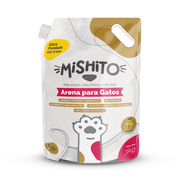Arena para Gato de Sílica Gel Mishito Premium 3 kg | Cristales Finos 0.5-2 mm | Alta Absorción | Control de Olores 30 Días | Textura Suave | Bajo Polvo | No Aglutinante